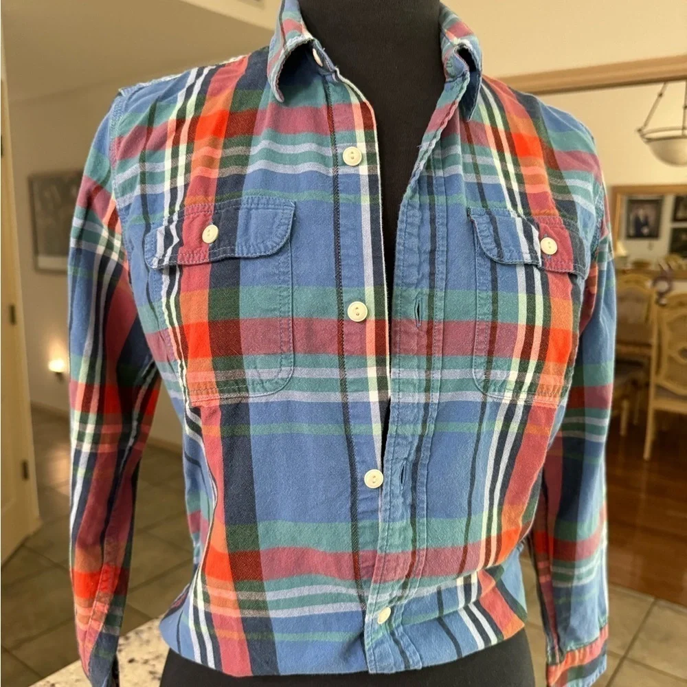 Gap Kids Unisex Long Sleeve Button Up Shirt Set of‎ Two Plaid Red & Blue XXL